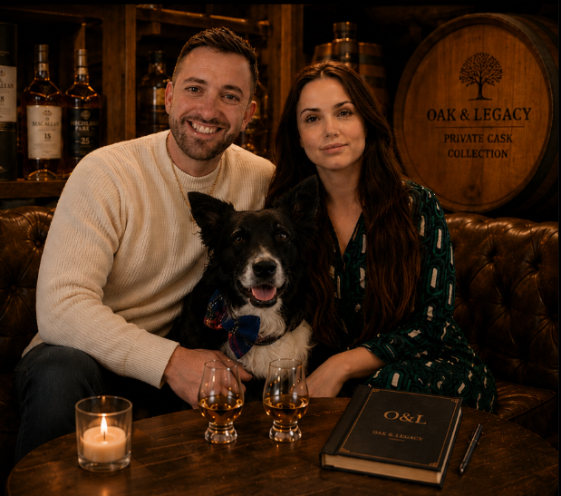 The Oak & Legacy family with their border collie in a whisky setting